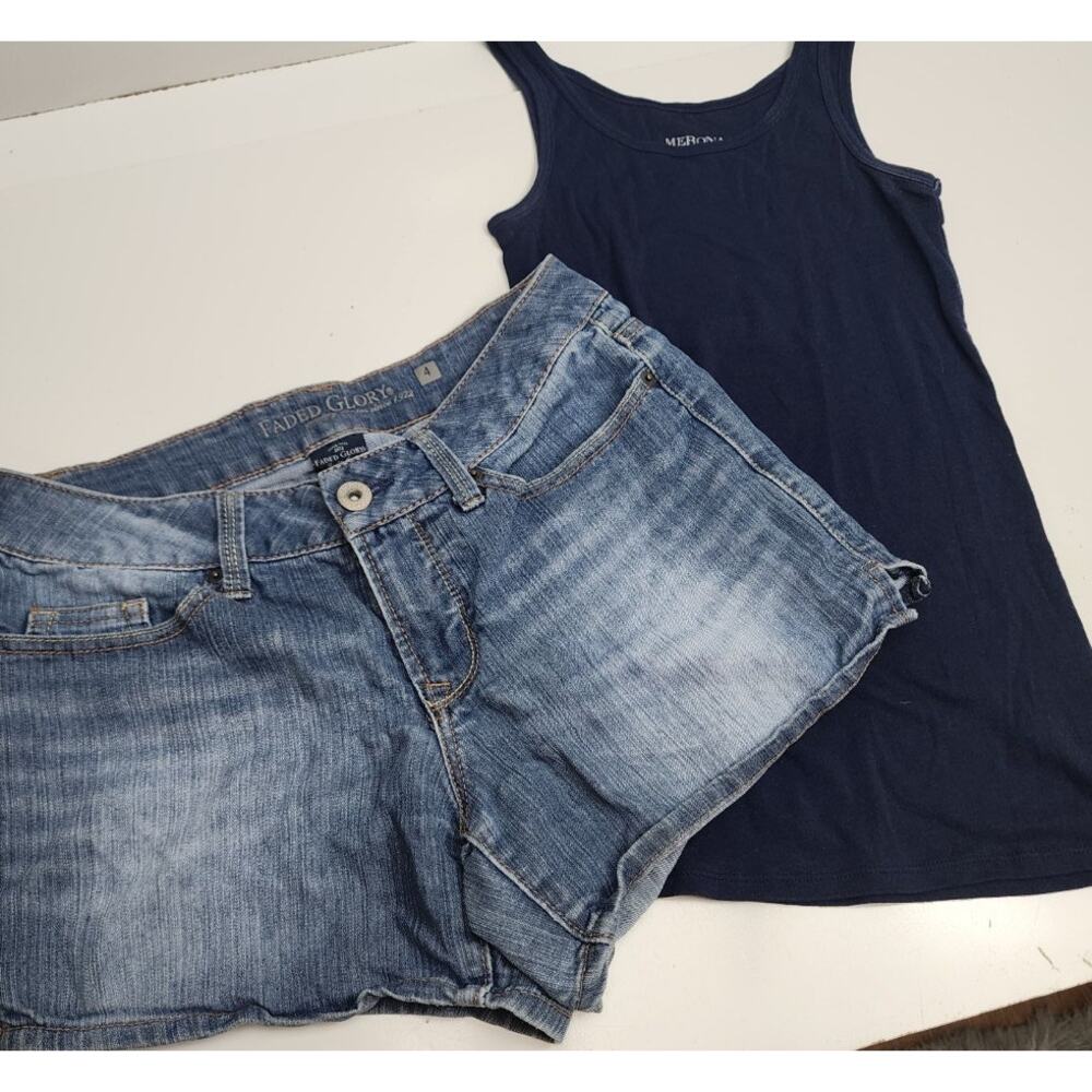 Merona Navy Blue Tank Top Size XS & Faded Glory Denim Dark Jean Shorts Size 4